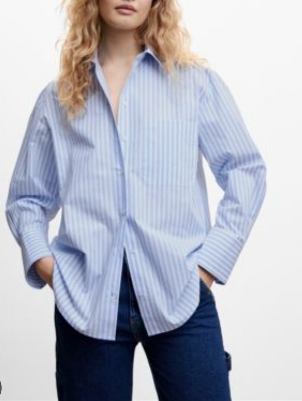 MANGO Women's US 2 Striped Button-Up Shirt Blue Oversized Relaxed High-Low Hem